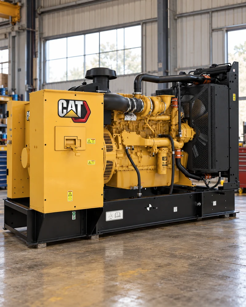 Close view of a CAT diesel generator engine and alternator in a workshop