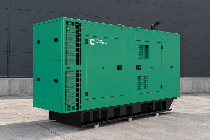 Green Cummins diesel generator in a concrete equipment yard
