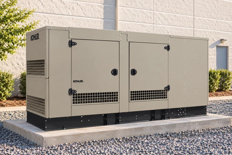 Kohler natural gas generator enclosure beside a commercial building