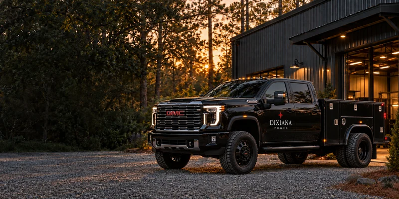 Black GMC Sierra 3500 HD service-body dually with Dixiana Power branding outside a charcoal workshop